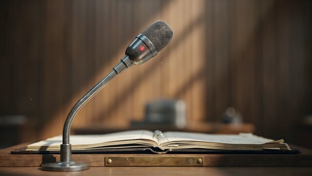 Microphone and open book on a wooden surface in a recording studio or presentation setting