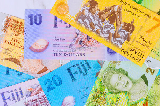 Banknotes from Fiji dollar cash arranged in various denominations
