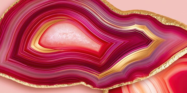 Polished agate cross section with concentric red and gold bands on pink background