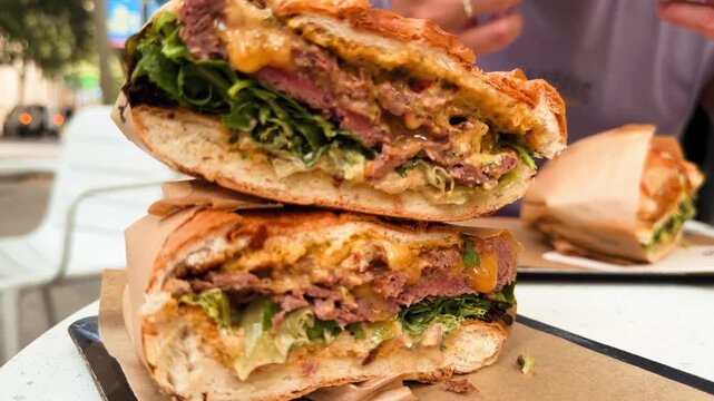Close-up of a grilled beef burger sliced in half, revealing juicy meat, melted cheese, fresh lettuce, and sauce. Gourmet fast food served outdoors at a restaurant. High quality 4k footage