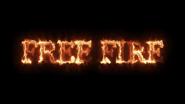 Burning "free fire" text effect animation with realistic flames and glowing embers on black background
