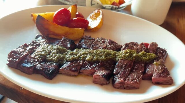 Sliced skirt steak served with chimichurri sauce roasted potatoes and cherry tomatoes. Gourmet grilled beef dish with traditional Argentine flavors presented in a restaurant. High quality 4k footage