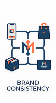 Brand consistency concept with marketing icons and omnichannel retail strategy illustration