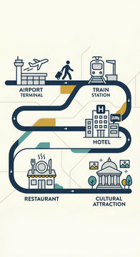 Travel route infographic with icons for airport, train station, hotel, restaurant and museum.