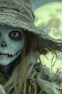 A scary-looking clown is pictured wearing a hat. vertical frame