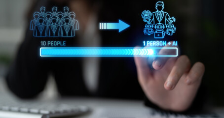 Illustration of Human Resource Efficiency through AI Technology Showing Transition from Many People...