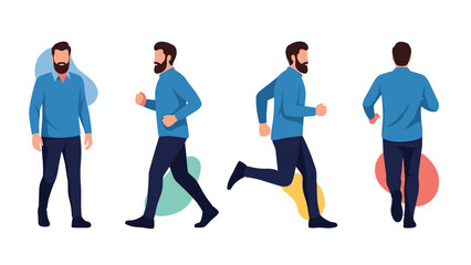 Fototapeta premium Young bearded man in blue shirt shown in various poses including standing, walking, running, and back view.