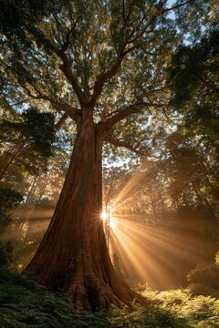 Sunlight beams through tall trees in a dense forest during the late afternoon