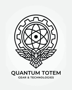 Quantum Totem logo with atom symbol and eagle, gear, isolated on transparent background