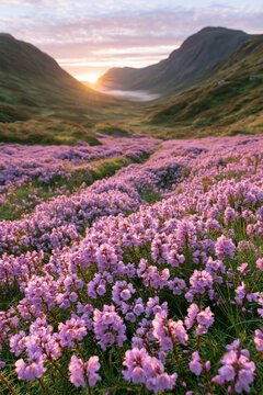 Vast field of blooming flowers at sunset in a valley surrounded by hills