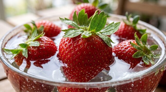 Fresh red strawberries floating in glass bowl of sparkling water on rustic wooden background suggests clean fruit preparation for healthy summer dessert snack.