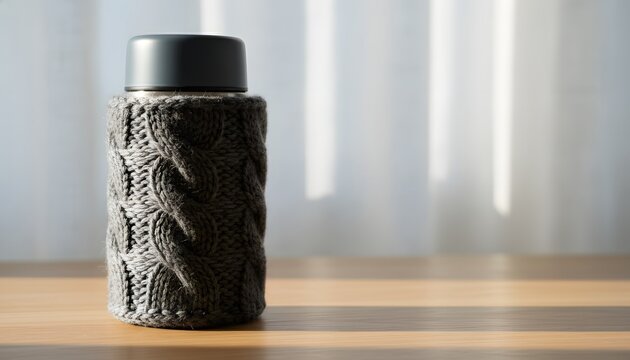 Thermos with wool wrap on a wooden table in soft morning sunlight for cozy winter warm beverage and comfort lifestyle concept