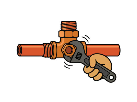 Plumber hand using adjustable wrench on copper pipe fitting illustration