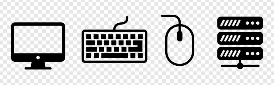 Information technology hardware equipment icons. professional computing and network infrastructure components. solid black graphic symbols for it services. essential data center setup elements