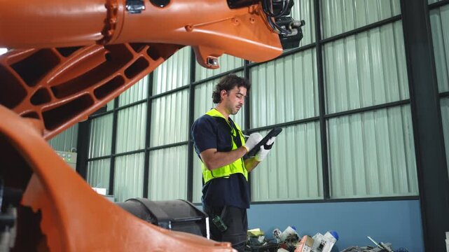 Industrial engineer inspecting a robotic arm machine in an automated manufacturing factory, robotics, automation, smart manufacturing, machine maintenance, quality control and Industry technology.