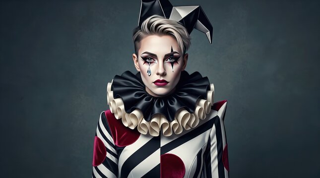 Portrait of a mysterious woman in a creepy jester costume for a dark and spooky halloween celebration
