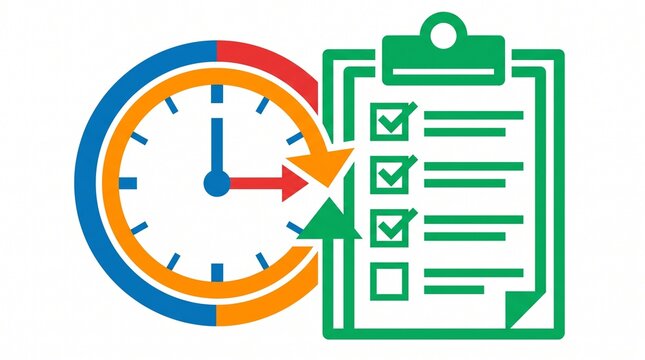 Time management icon with clock and checklist. Productivity concept with task board and deadline timer. Project schedule illustration.