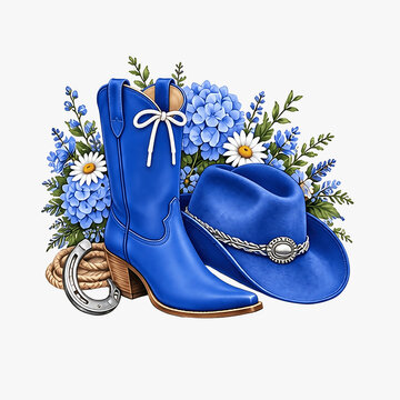 Colorful Western Cowboy Boots and Hats Collection with Seasonal Flowers, Horseshoes and Rustic Country Fashion