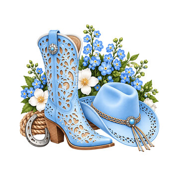 Colorful Western Cowboy Boots and Hats Collection with Seasonal Flowers, Horseshoes and Rustic Country Fashion
