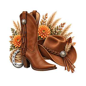 Colorful Western Cowboy Boots and Hats Collection with Seasonal Flowers, Horseshoes and Rustic Country Fashion