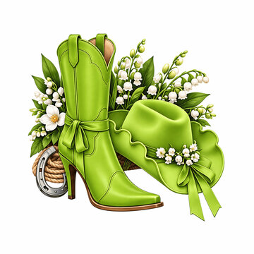 Colorful Western Cowboy Boots and Hats Collection with Seasonal Flowers, Horseshoes and Rustic Country Fashion