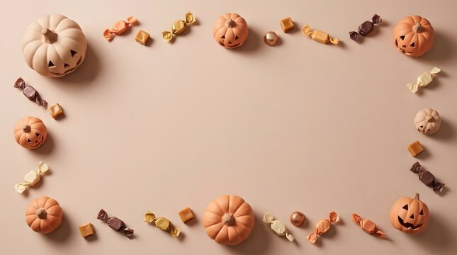 A festive halloween border created from colorful 3d candy and playful pumpkin decorations