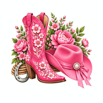 Colorful Western Cowboy Boots and Hats Collection with Seasonal Flowers, Horseshoes and Rustic Country Fashion