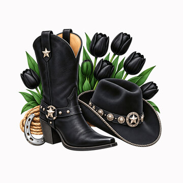 Colorful Western Cowboy Boots and Hats Collection with Seasonal Flowers, Horseshoes and Rustic Country Fashion