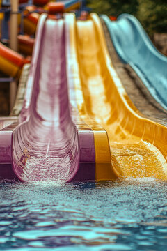A fun-filled water slide in a swimming pool, suitable for kids' parties or summer activities. vertical frame