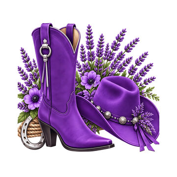 Colorful Western Cowboy Boots and Hats Collection with Seasonal Flowers, Horseshoes and Rustic Country Fashion