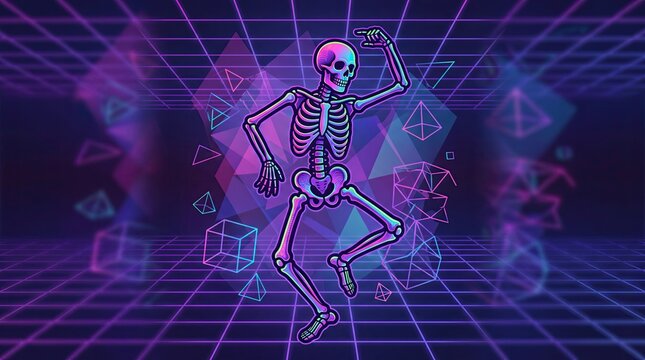 A vibrant neon skeleton dancing in a retro synthwave style digital space for a unique halloween party celebration