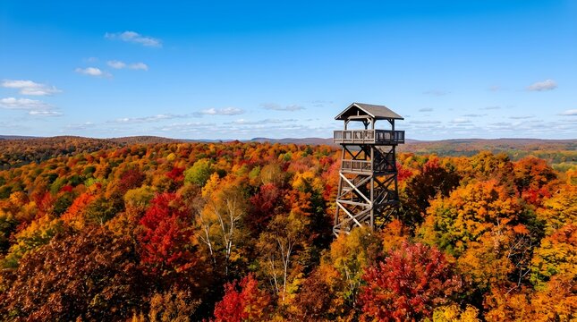 Tall observation tower rising above colorful autumn tree forest