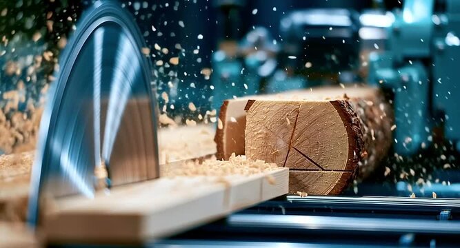 Closeup of a powerful circular saw blade cutting through a wooden log, transforming it into a plank while sawdust flies through the air in a modern woodworking factory or sawmill