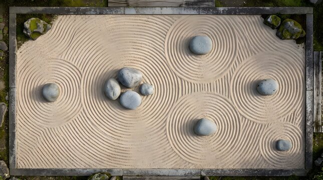Traditional Japanese zen gravel garden raked in wavy patterns