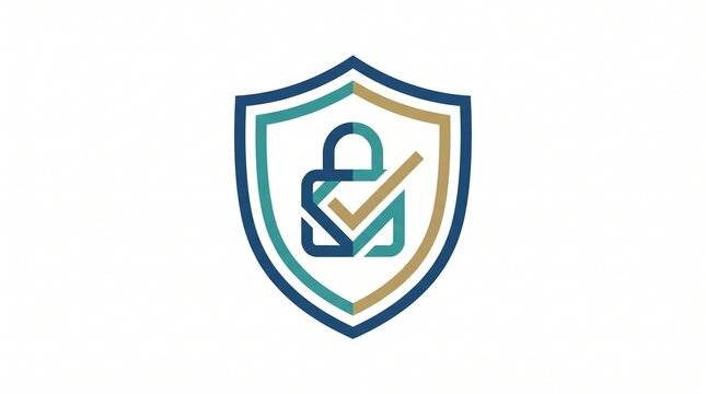 Security shield icon with padlock and checkmark, blue and gold safety emblem, digital protection and cybersecurity logo