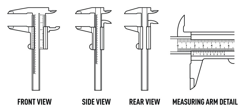 Calipers measuring tool front side rear views measuring arm detail precision measurement.