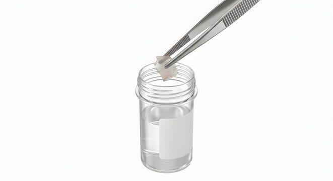 Scientific 3D Render of Tissue Forceps Placing a Biopsy Specimen into a Laboratory Sample Container on White Background