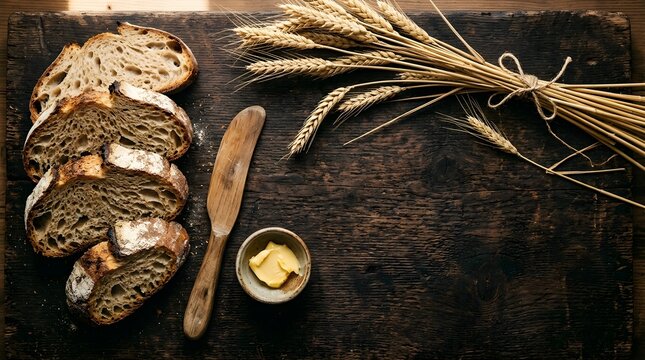 Freshly baked artisan sourdough loaf on rustic wooden bread board