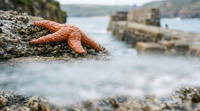 Bright orange starfish attached firmly to wet coastal rock surface