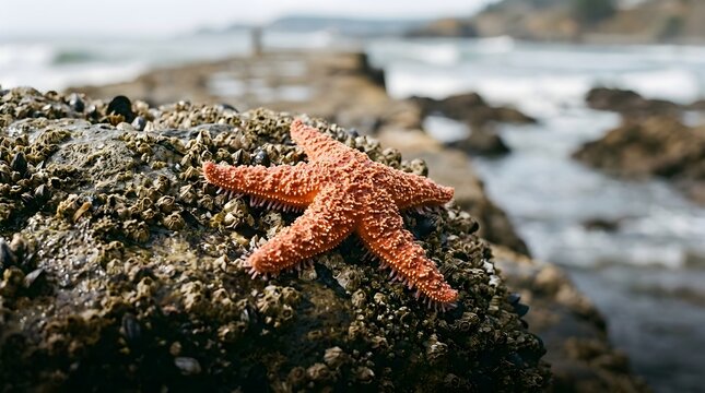 Bright orange starfish attached firmly to wet coastal rock surface