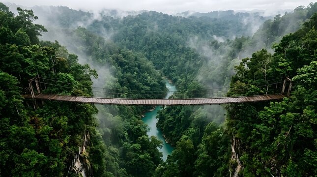 Steel suspension bridge stretching across deep river ravine canyon