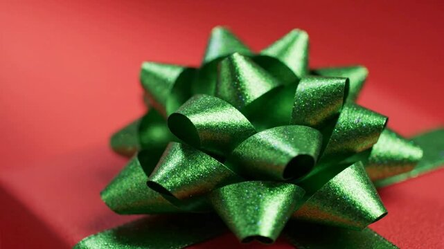 Festive green gift bow on red background, christmas present decoration close-up holiday celebration