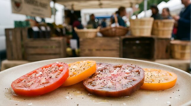 Assorted heirloom organic tomatoes arranged on ceramic platter