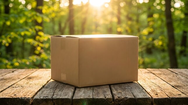 Cardboard box on a wooden table in a lush forest setting with sunlight