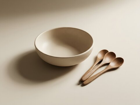 Neutral toned ceramic bowl and wooden spoons on a soft beige background