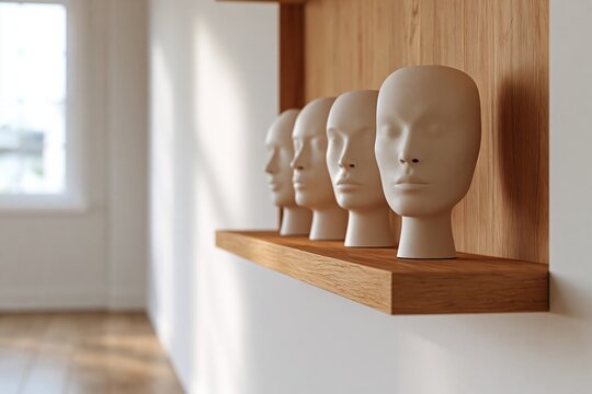 featureless mask sculptures on minimalist wooden shelves in bright living room