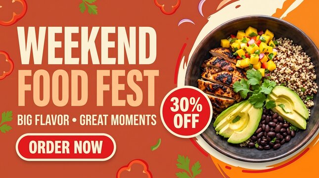 Weekend food fest promotion banner with 30 off discount and delicious meal image