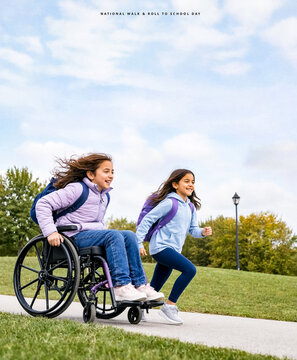 Two school-age girls move side by side down a paved outdoor path - one propelling a manual wheelchair, the other running. Poster for National Walk & Roll to School Day.