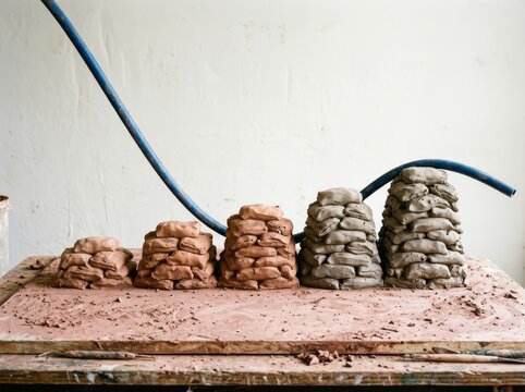 Earthen construction material samples on worktable with clay and hoses