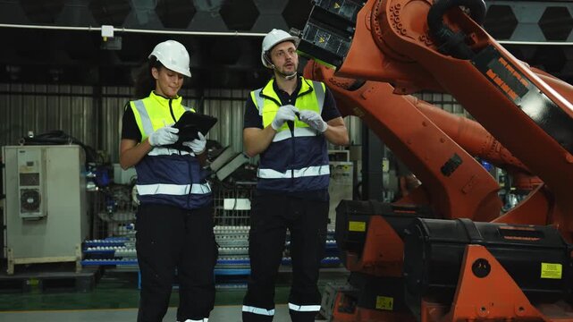 Industrial engineer inspecting a robotic arm machine in an automated manufacturing factory, robotics, automation, smart manufacturing, machine maintenance, quality control and Industry technology.